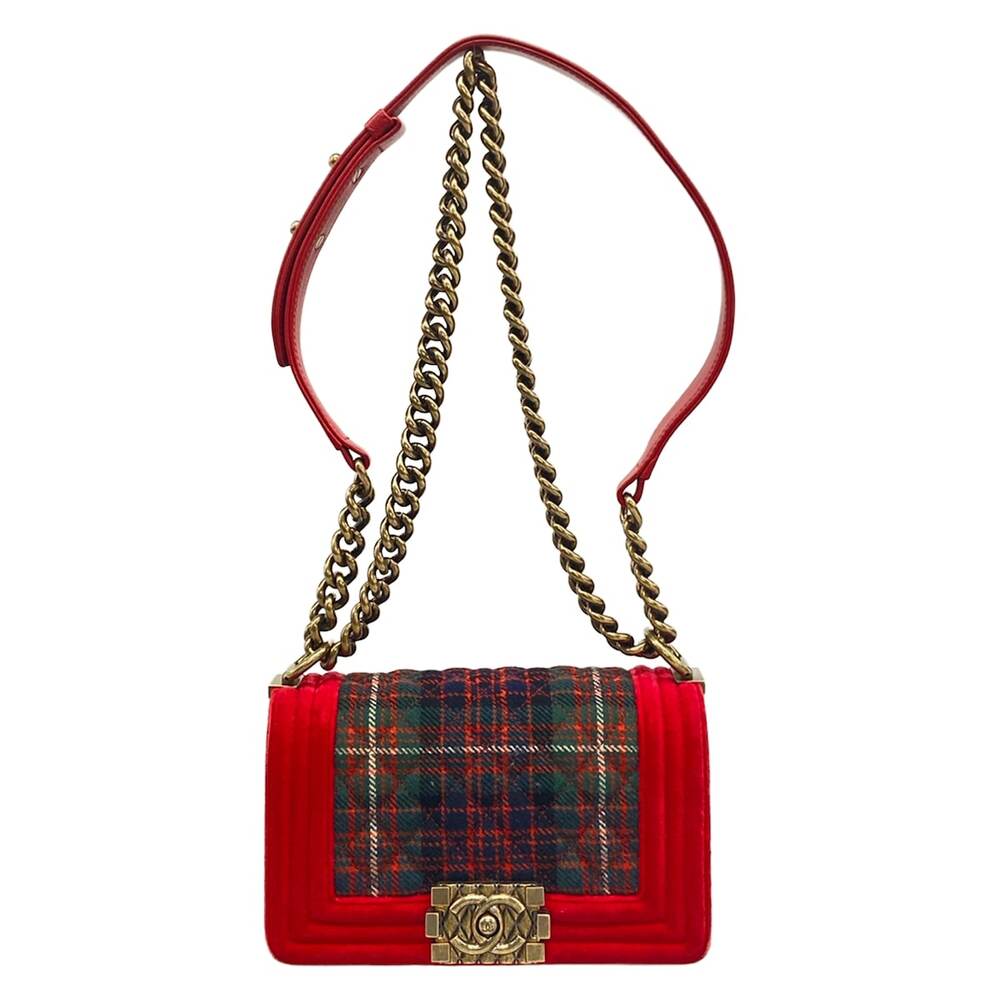 Chanel Boy Chanel Shoulder Bag Red Green Dark Navy Velour Wool Leather
